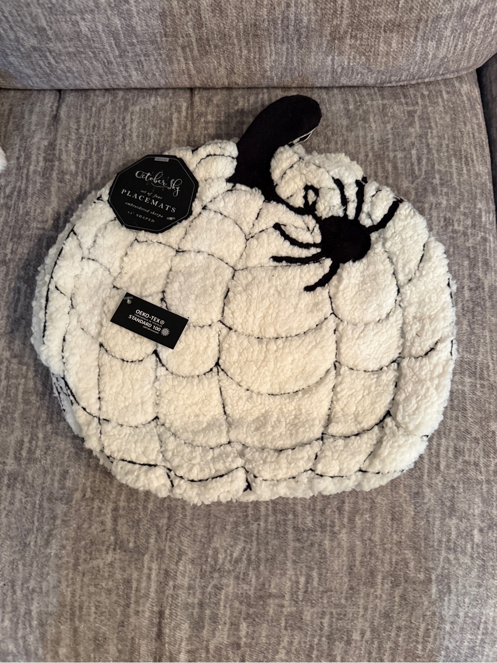 October Sky White Pumpkin Fuzzy Spider Web Placemat Set (4)